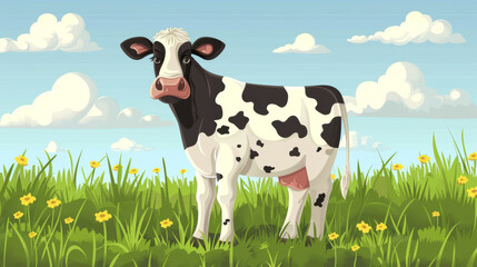 A Holstein cow stands in a sunny pasture with green grass and flowers, under a bright blue sky with fluffy clouds.