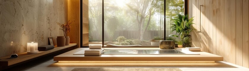Contemporary spa room illuminated by gentle sunlight, featuring a minimalist decor and a relaxing ambiance