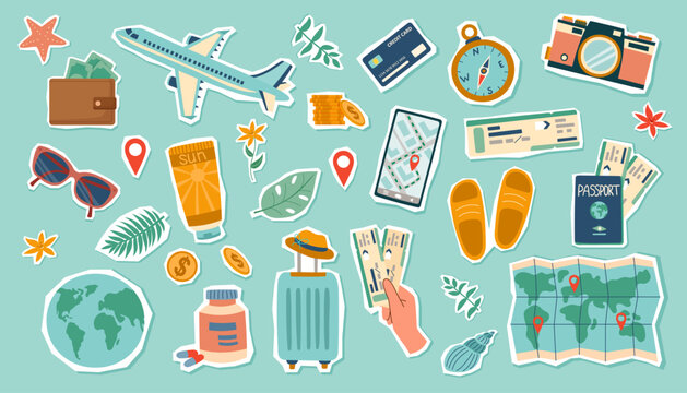 Travel stickers set. Travel concept. Set of travel objects isolated on blue. Hand drawn flat illustration.
