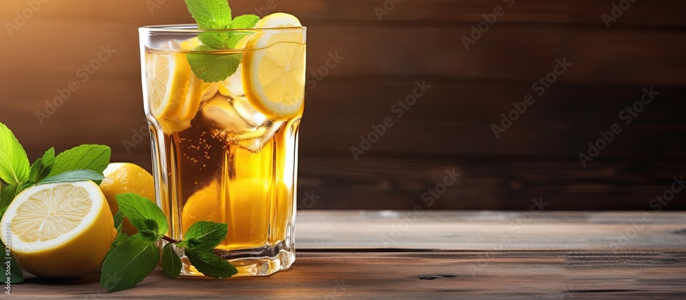 Poster refreshing citrus lemonade summer drink ice tea with fresh lemon and mint on wooden background refre