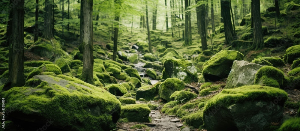 Poster stone covered with moss rock in the relict forest background of natural stone rocky breed natural ob