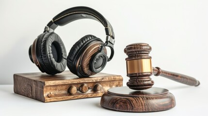 Judge with headphones and gavel, isolated white background, high detail, playful design