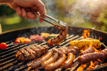 key visual of multiple different types meat, and vegetables on the grill at backyard barbecue party, hands holding tongs with sausage in hand , sunny day, bokeh effect, warm light.