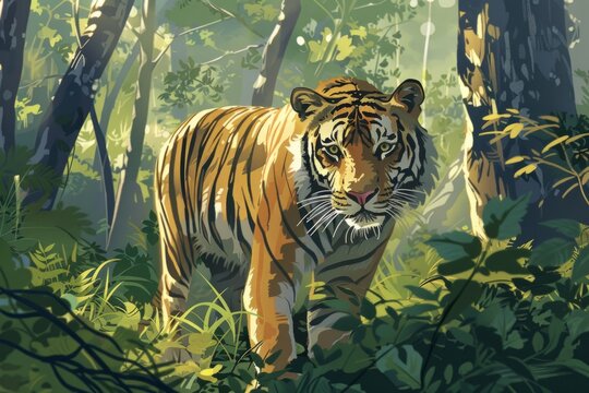 Majestic Tiger in Lush Green Forest Captured in Stunning Wildlife Photography. Tiger Day