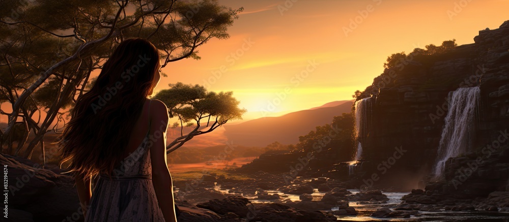 Sticker beautiful girl sitting near waterfall at sunset. creative banner. copyspace image