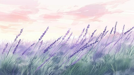 Soft watercolor a field of lavender under a pastel sky