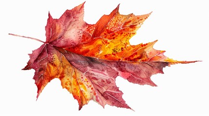 Intricate illustration of a maple leaf with autumn colors, isolated white background, high detail, seasonal beauty