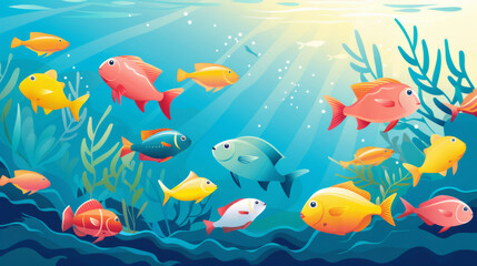 Illustration of various colorful fish swimming amidst seaweed in a vibrant underwater setting with sunlight filtering through water.