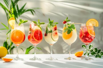 Five colorful summer cocktails in glasses on white table. Assortment of fresh summer drinks. Pink...