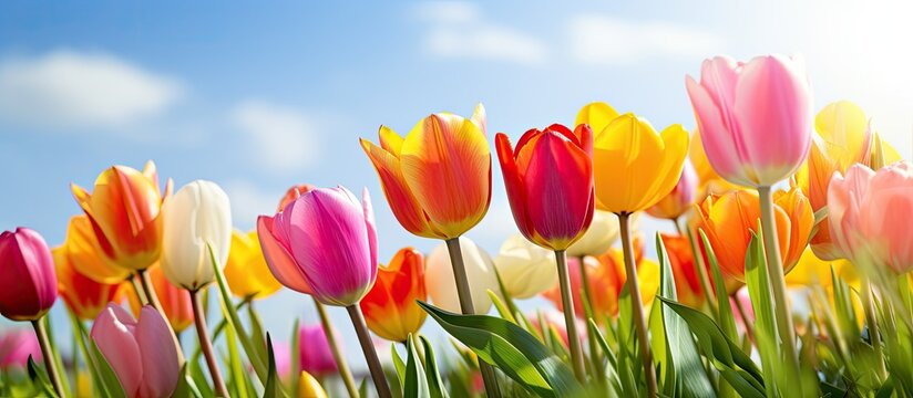 Tulips a bulbous spring flowering plant of the lily family with boldly colored cup shaped flowers Flower tulips background Beautiful view tulips under sunlight landscape at the middle of spring