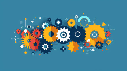Abstract illustration of colorful gear mechanisms interlocking on a blue background, representing teamwork, engineering, and creativity.