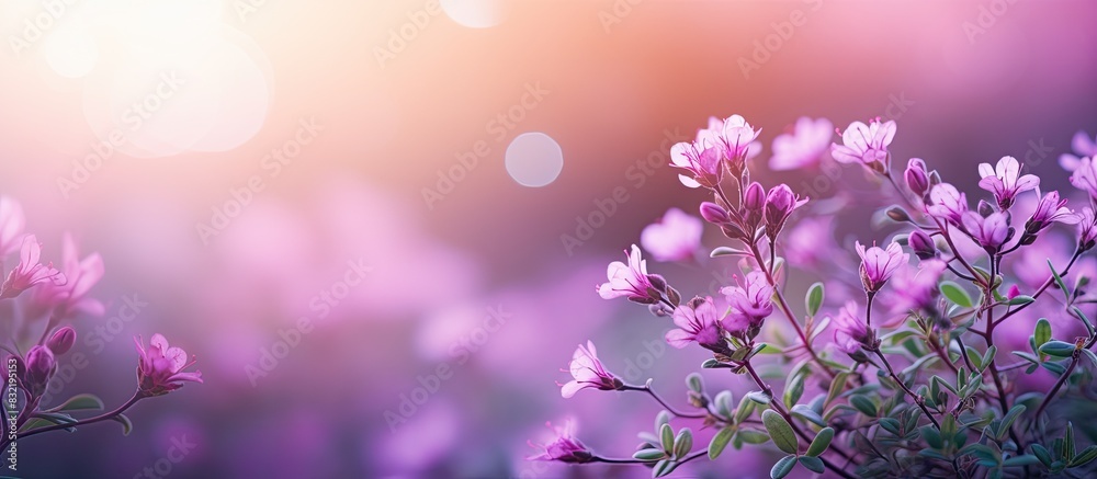 Poster blooming thyme background in nature. creative banner. copyspace image