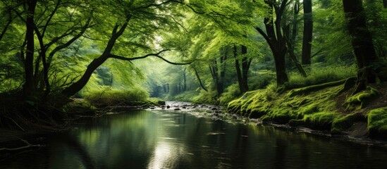 Small river in green forest at summer. Creative banner. Copyspace image