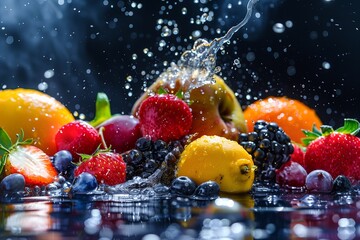 Fresh fruits with water splash 