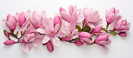 Fototapeta premium Ice cream cone with spring pink magnolia flowers composition on white background Minimal spring concept Flat lay top view. Creative banner. Copyspace image