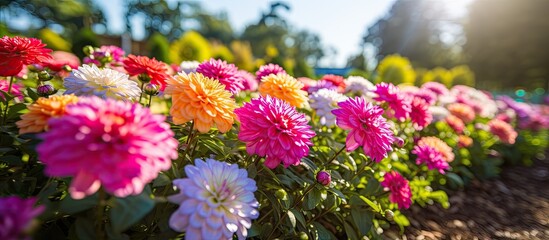 Obraz premium Beautiful white pink and yellow flowers in park. Creative banner. Copyspace image