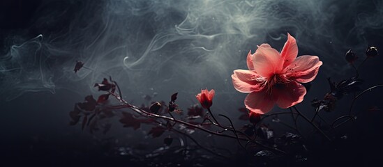 the blooming flower is shrouded in mist so it looks dark. Creative banner. Copyspace image