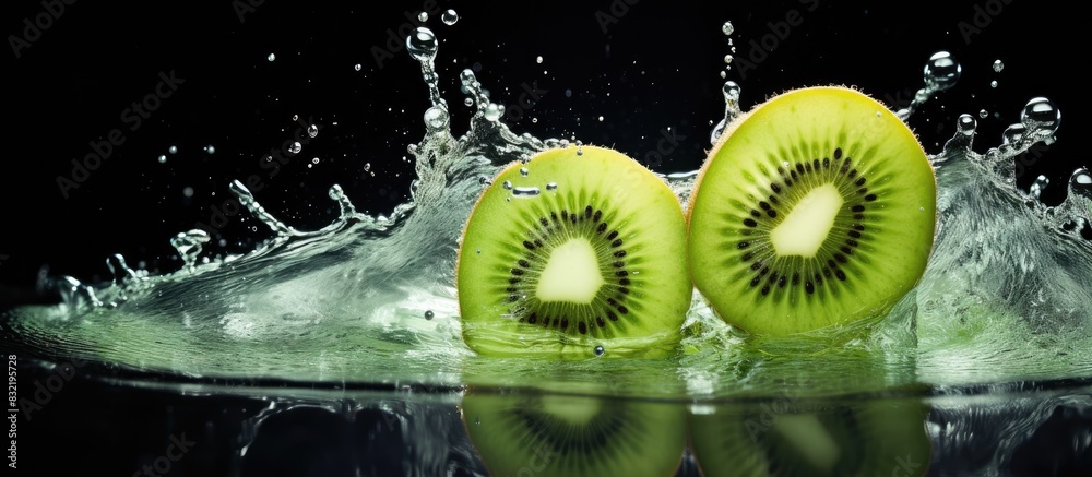 Aufkleber fresh kiwi splash in water to movement with bubbles. creative banner. copyspace image