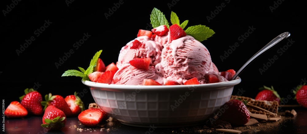 Aufkleber the frozen strawberry yogurt ice cream with fresh strawberry and raspberry in a wafer bowl. creative