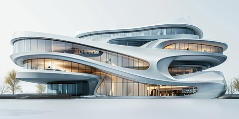 Obraz premium Innovative office building with a futuristic facade, isolated white background, high detail, cuttingedge architecture