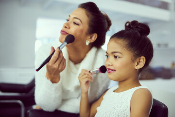 Backstage, beauty pageant or makeup with girl and stylist in studio, getting ready behind the...