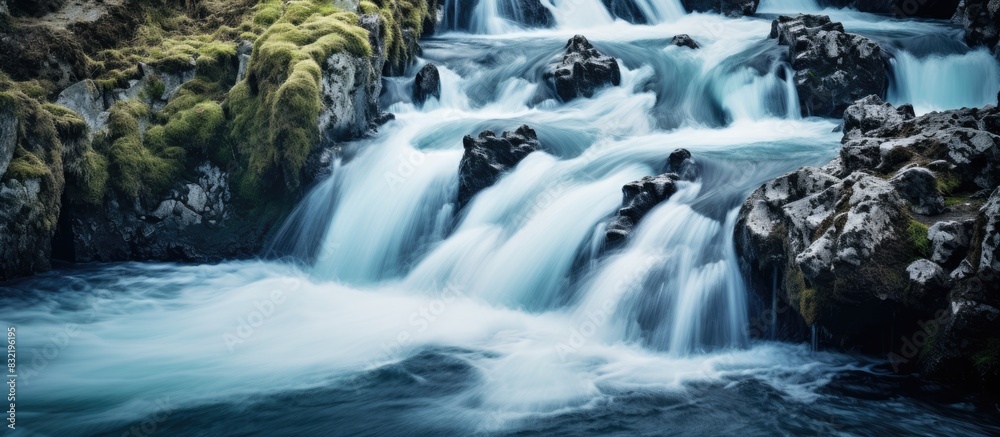 Poster waterfall and fast flowing stream. creative banner. copyspace image