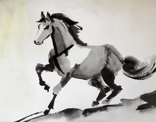 馬年・午年水墨画十二支年賀状墨絵イラストInk wash painting	
