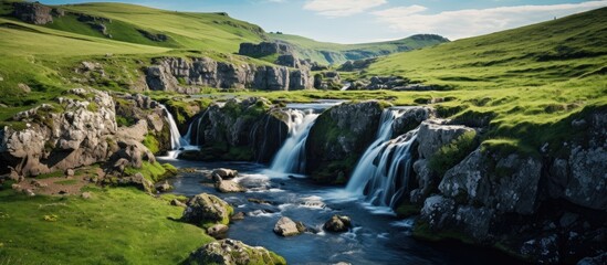 Nature scenic view of waterfalls with streaming water over ragged rocks and rugged terrain. Creative banner. Copyspace image - Powered by Adobe