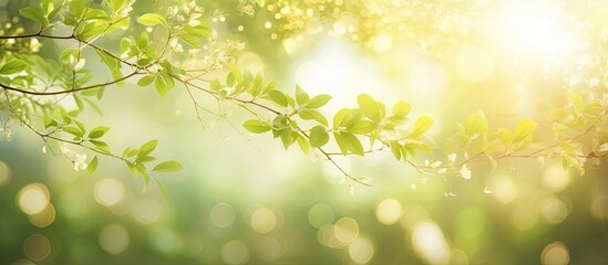 Beautiful blurry soft gold sparkling sunlight bursting through green spring defocused branches of old green trees growing outside sunrays beams. Creative banner. Copyspace image