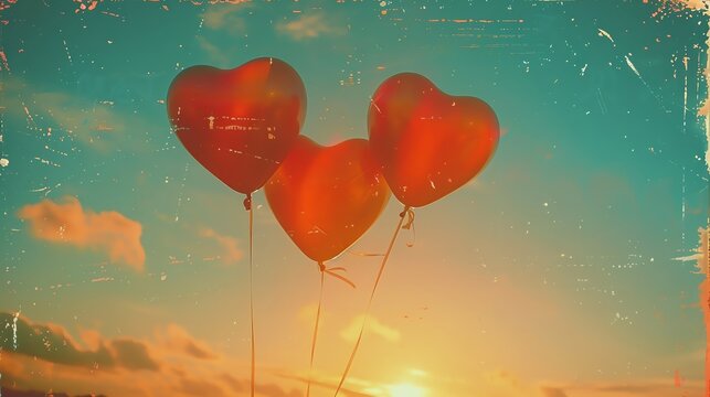 Three red heart-shaped balloons flying in sunset sky, captured in a vintage style background.