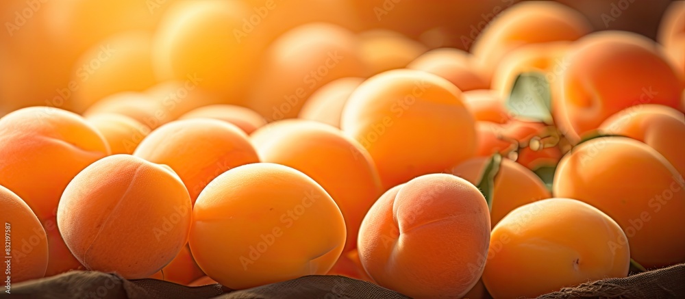 Poster close up of freshly picked apricots that are sunlit. creative banner. copyspace image