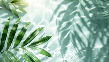 Plakat blue water texture blue mint water surface with rings and ripples spa concept background flat lay copy space, top view of a palm leaf on the water, summer background for a product presentation banner 