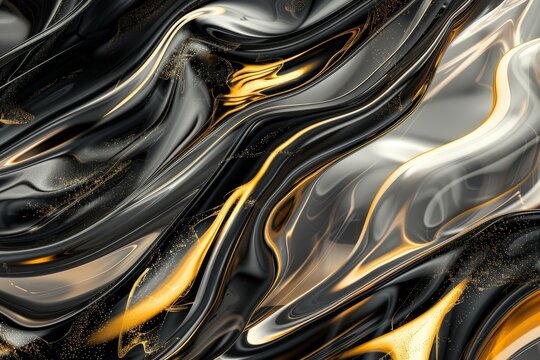 Abstract background with liquid metal texture. Black metallic backdrop with golden inclusion