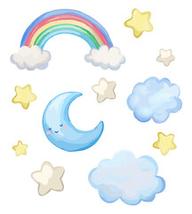 Set of cute blue moon, rainbow, stars, clouds