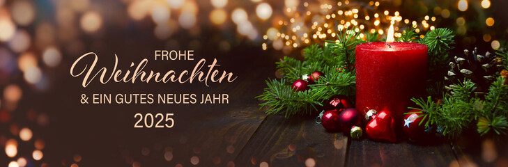 Christmas greeting card with German text Frohe Weihnachten und ein gutes neues Jahr 2025 - Advent...