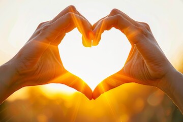 Obraz premium Hands forming a heart shape in front of the sun, isolated white background, high detail, symbol of love and peace
