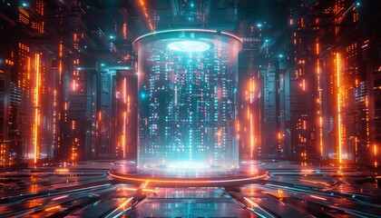 A futuristic hologram projecting a glowing portal above a sleek podium with vibrant neon lights.
