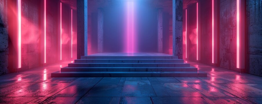 A futuristic hologram projecting a glowing portal above a sleek podium with vibrant neon lights.