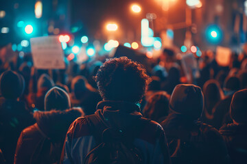 nighttime protest under city lights