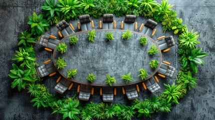 Fototapeta premium Modern conference room with long table, chairs, green plants office meeting concept