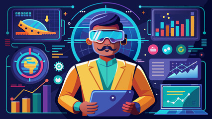 A detailed vector graphic of an Indian professional wearing augmented reality glasses, analyzing data in a futuristic workspace. 
