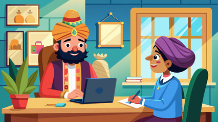 A whimsical vector of an Indian human resources professional interviewing a candidate with a welcoming smile and a welcoming office environment