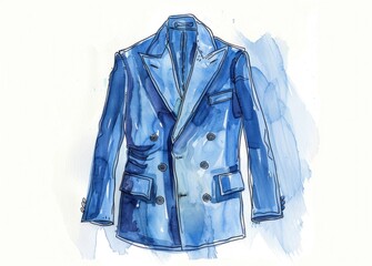 Blue blazer watercolor drawing on white background with blue paint splatters for fashion and art theme