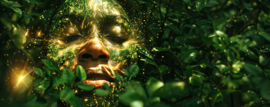 Woman having an ayahuasca trip in the amazon jungle. With copy space.