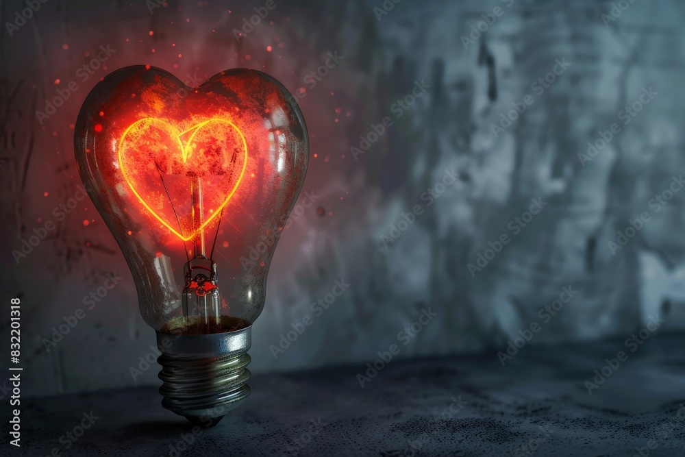 Poster light bulb in the dark with glowing heart 