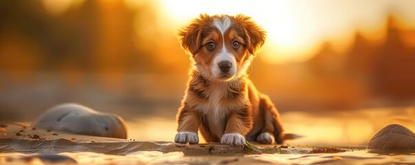 Adorable puppy sitting on a sandy beach with a warm, golden sunset background, capturing the essence of innocence and natural beauty. - Powered by Adobe