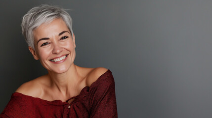 Beautiful face of a smiling mature woman glowing with the effects of shining anti-aging cosmetics, on a grey studio background, radiating confidence and happiness, highlighting sel