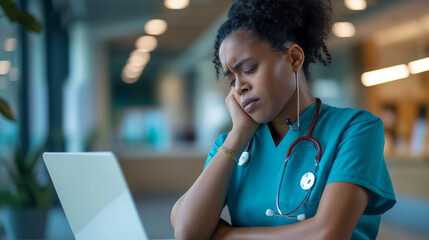 A black lady doctor in a hospital setting, experiencing neck discomfort from overwork, looking worried while using a laptop, reflecting burnout and muscular strain - Powered by Adobe