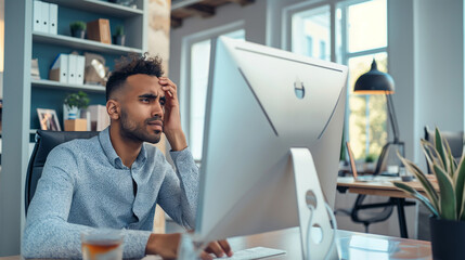 A male employee looking confused and stressed, sitting at his desk with his computer showing a glitch, dealing with a challenging project and experiencing a headache