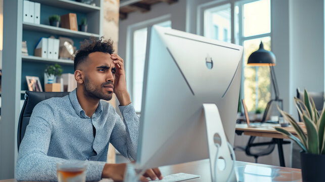 A male employee looking confused and stressed, sitting at his desk with his computer showing a glitch, dealing with a challenging project and experiencing a headache